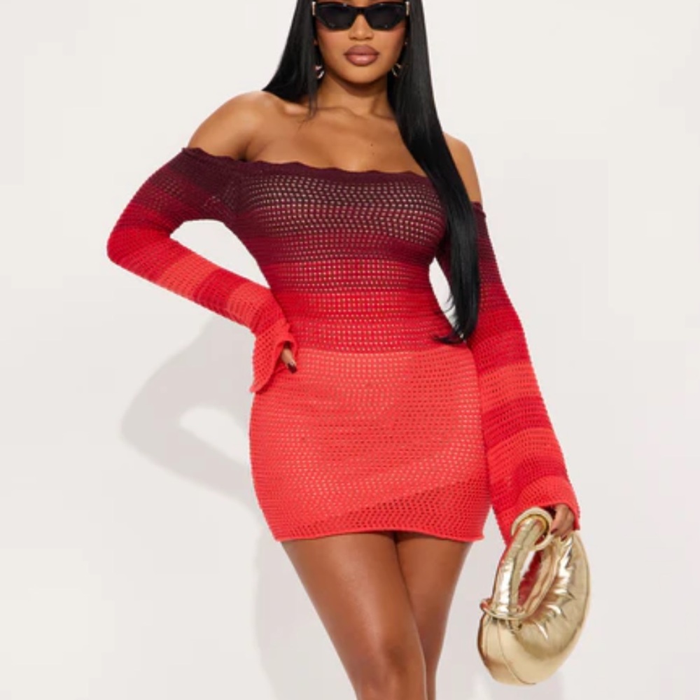 Fashion Nova Red to Burgundy Ombre Crochet Off-Shoulder Mini Dress
